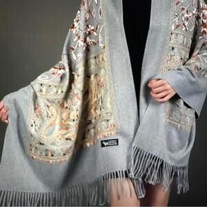 100% Cashmere embroidered floral scarf wrap ruana